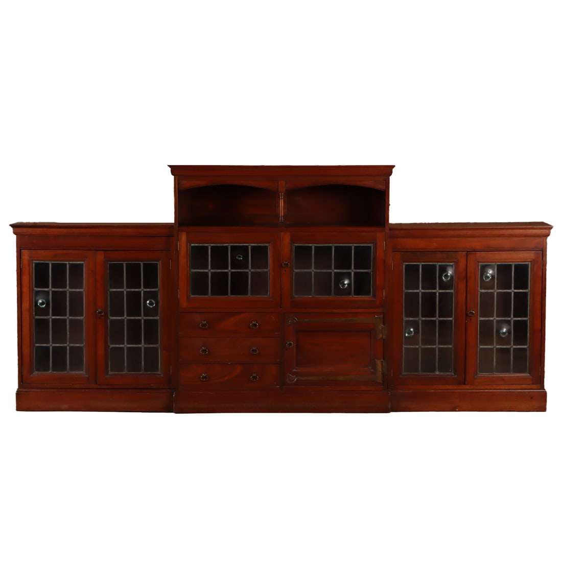 NINETEENTH CENTURY MAHOGANY LIBRARY CABINET WITH LEADED " BULLS EYE" GLASS. BREAKS DOWN FOR (1 of 5)