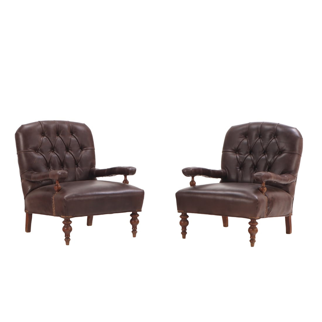 PAIR NAPOLEON III STYLE BUTTON BACK LIBRARY CHAIRS C 1940 WITH LEATHER UPHOLSTERY. (1 of 6)