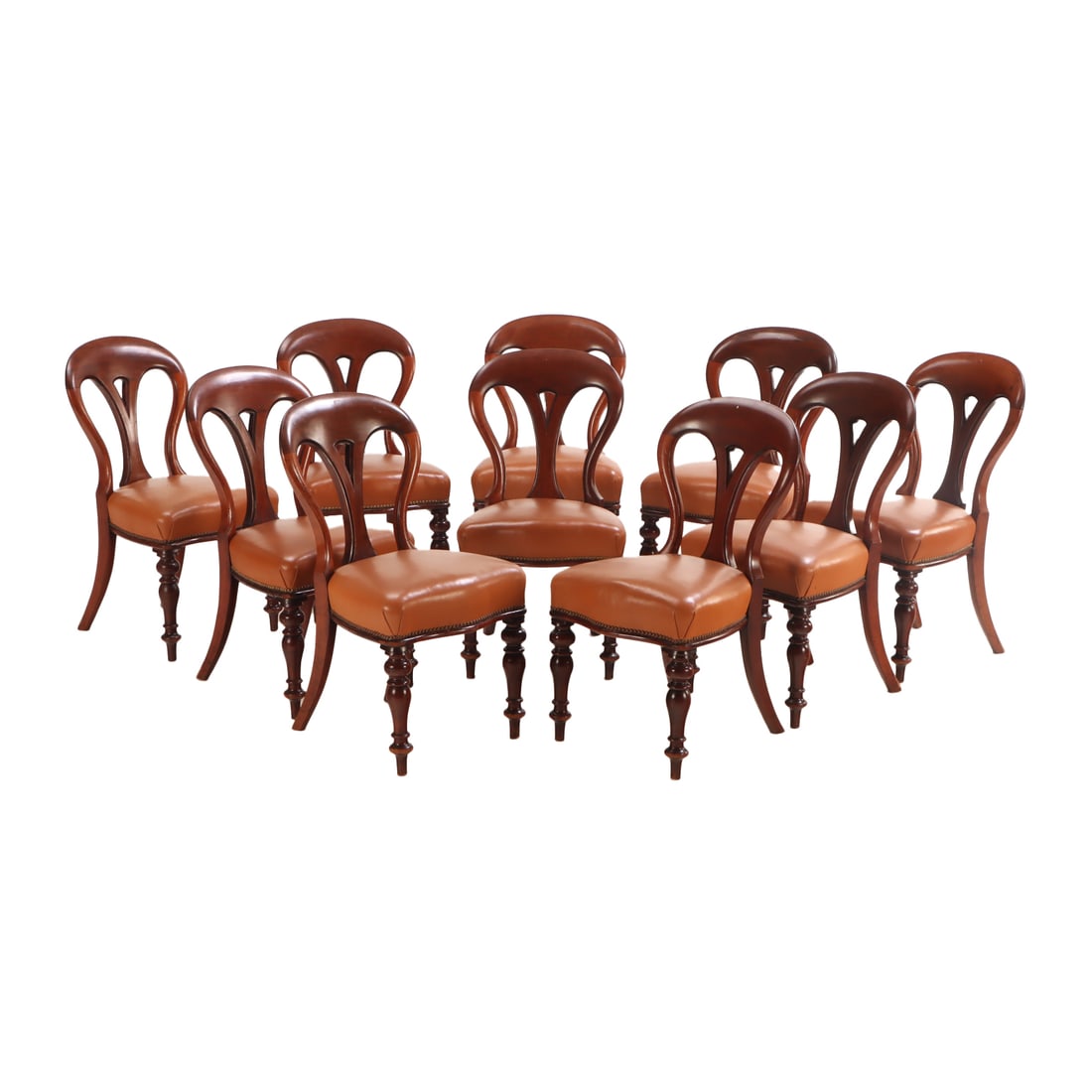 TEN NINETEENTH CENTURY ENGLISH MAHOGANY DINING ROOMS CHAIRS WITH RECENT LEATHER UPHOLSTERY.: Ten Nineteenth century English mahogany dining rooms chairs with recent leather upholstery. Ht: 35.5" Wd: 19.5" Dpth: 22" Seat: 20"