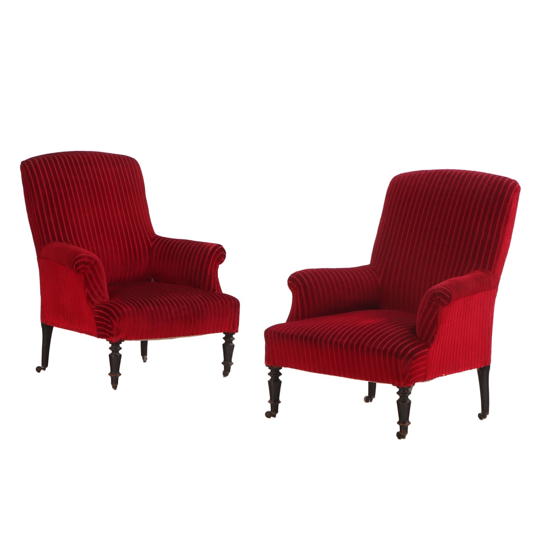 PAIR NINETEENTH CENTURY LIBRARY CHAIRS RESTING ON TURNED EBONIZED FEET. (1 of 4)