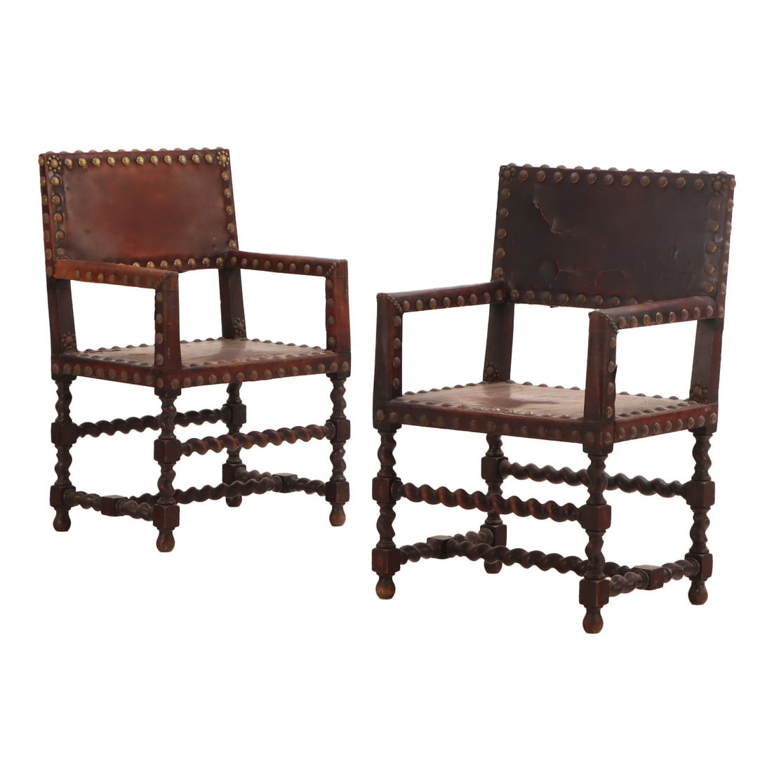 PAIR NINTEENTH CENTURY WALNUT AND LEATHER ARM CHAIRS WITH BRASS STUDS. (1 of 5)