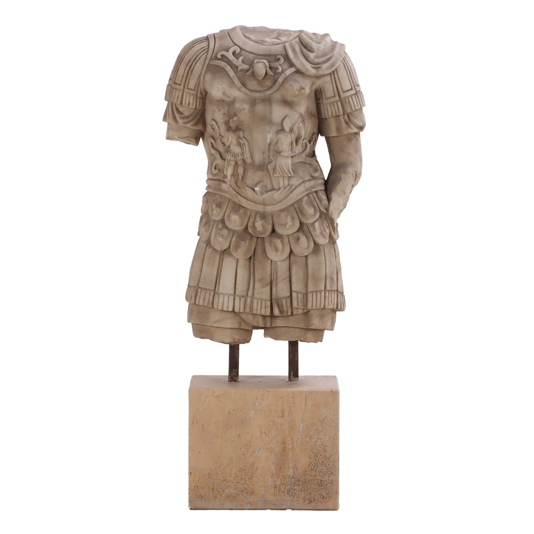 ROMAN STYLE CARVED MARBLE TORSO ON MARBLE PLINTH. (1 of 4)