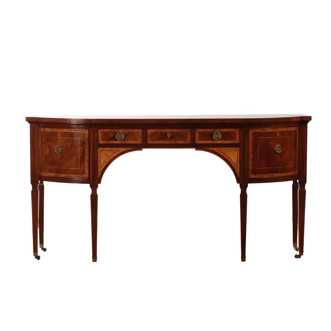 ELEGANT BANDED AND INLAID MAHOGANY HUNT BOARD BY BAKER. (1 of 7)