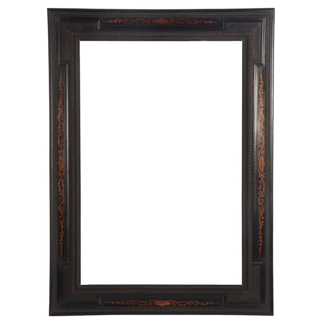 LARGE DUTCH RIPPLE STYLE EBONIZED WOOD AND INLAID PICTURE FRAME WITH 90 DEGREE DETAILS C 1940. (1 of 4)