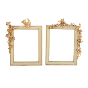 RARE PAIR OF ITALIAN PAINTED AND GILT ART NOVEAU MIRROR FRAMES HAVING GILT FLOWERS AND ONE HAVING A