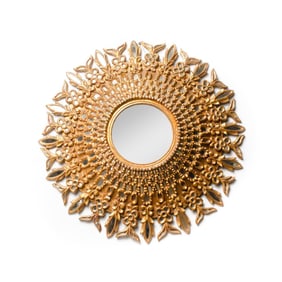 CARVED AND GILTWOOD SUNBURST MIRROR HAVING MANY SMALL PIECES OF MIRROR SURROUNDING A ROUND CENTRAL