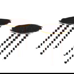 PAIR OF DARK CERUSED OAK AND BRASS END TABLES WITH BALL FEET IN THE MANNER OF JEAN ROYERE.