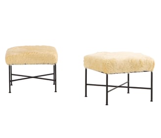 PAIR PAINTED IRON BENCHES IN THE MANNER of PAUL MCCOBB RECENTLY UPHOLSTERED IN FAUX SHEEP SKIN.
