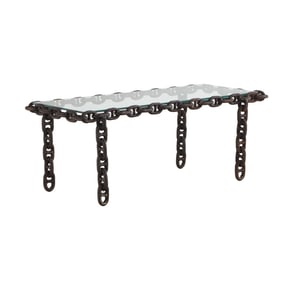 BRUTALIST IRON CHAIN LINK COFFEE TABLE WITH GLASS TOP C 1970.