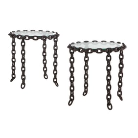 PAIR OF BRUTALIST STYLE IRON CHAIN LINK END TABLES WITH GLASS TOPS.