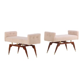 PAIR OF MAHOGANY AND FAUX SHEEP SKIN UPHOLSTERED BENCHES WITH BRASS DETAILS.
