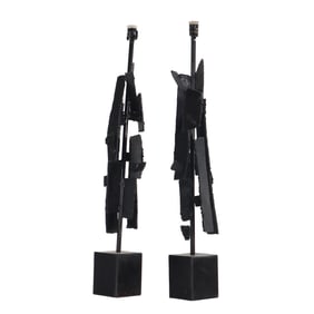 PAIR OF BRUTALIST STYLE IRON TABLE LAMPS.
