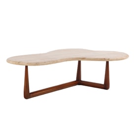 BIOMORPHIC TRAVERTINE TOP COFFEE TABLE ON WOOD BASE IN THE MANNER OF T.H. ROBSJOHN-GIBBINGS.