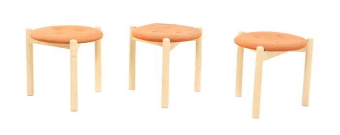 THREE ROUND UPHOLSTERED AND PAINTED WOOD FRENCH STOOLS C 1965.