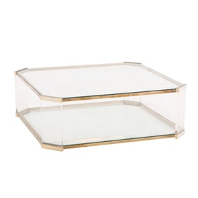 FRENCH BRASS AND LUCITE COFFEE TABLE WITH TWO GLASS TIERS C 1970.