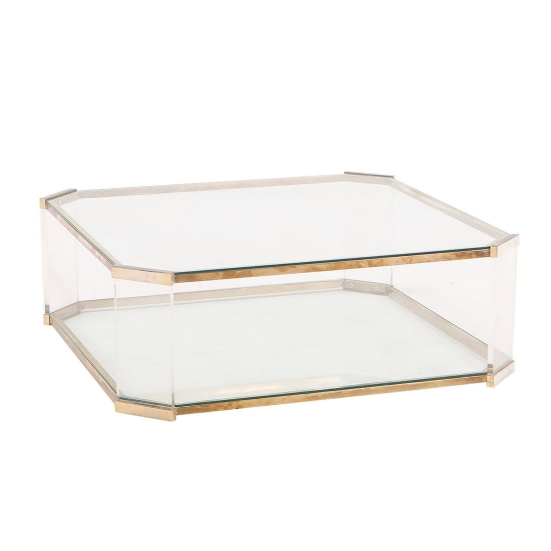 FRENCH BRASS AND LUCITE COFFEE TABLE WITH TWO GLASS TIERS C 1970. (1 of 5)
