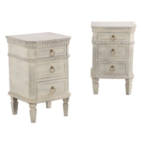 PAIR OF PAINTED NIGHT STANDS HAVING THREE DRAWERS AND RING HARDWARE.