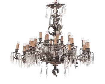 LARGE FRENCH BRONZE CRYSTAL CHANDELIER C 1940