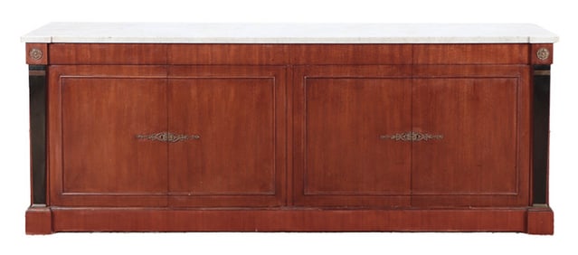 EMPIRE STYLE MARBLE TOP CREDENZA WITH MIRRORED BAR COMPARTMENT