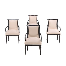 FOUR FRENCH EMPIRE STYLE EBONIZED ARMCHAIRS C 1950 HAVING NEW FABRIC.