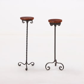 TWO PETITE IRON AND WOOD TABLES C 1950.