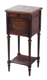 FRENCH MAHOGANY BRONZE MOUNTED MARBLE TOP NIGHT STAND WITH MARBLE LINED CUPBOARD C 1900.