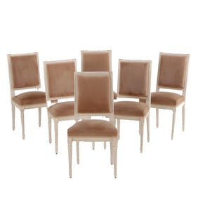 SIX PAINTED FRENCH LOUIS XVI STYLE SQUARE BACK UPHOLSTERED DINING CHAIRS C 1940.