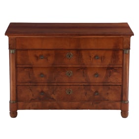 FRENCH EMPIRE FIGURED WALNUT NINETEENTH CENTURY FOUR DRAWER DRESSER WITH ROUND COLUMNS,