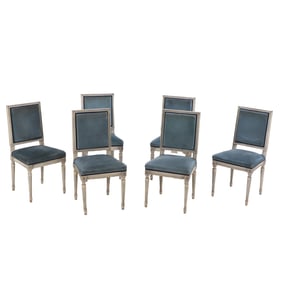 SIX PAINTED FRENCH LOUIS XVI STYLE DINING CHAIRS WITH BLUE FABRIC C 1950.