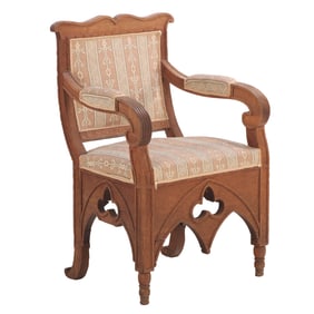 FRENCH OAK GOTHIC REVIVAL ARM CHAIR C 1850.