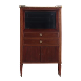 FRENCH MAHOGANY MARBLE TOP CABINET HAVING TWO DRAWERS AND TWO DOORS AND A MIRROR ABOVE C 1920.