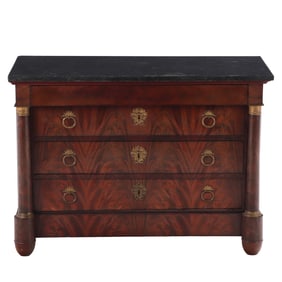 FRENCH NINETEENTH CENTURY FOUR DRAWER EMPIRE STYLE MARBLE TOP COMMODE HAVING BRONZE MOUNTS