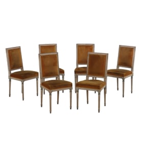 SIX PAINTED FRENCH LOUIS XVI STYLE UPHOLSTERED BACK DINING CHAIRS C 1950.