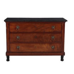 FRENCH EMPIRE MARBLE TOP COMMODE IN CROTCH MAHOGANY HAVING CLAW FEET AND BRASS LION HARDWARE