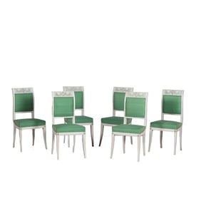 SIX NINETEENTH CENTURY FRENCH CARVED AND PAINTED DINING CHAIRS IN THE REGENCY STYLE HAVING CARVED