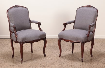 PAIR FRENCH LOUIS XV STYLE OPEN ARM CHAIRS WITH RECENT FABRIC.