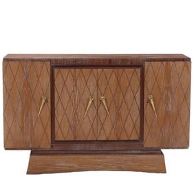 CERUSED OAK AND INLAID FOUR DOOR SIDEBOARD IN THE MANNER OF ARBUS C 1940.