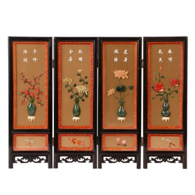 A CHINESE FOUR-PANEL SCREEN HAVING STONE CARVINGS