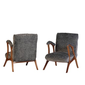 PAIR OF MAHOGANY OPEN ARM CHAIRS WITH EXAGERATED ARMS AND NEW FABRIC,