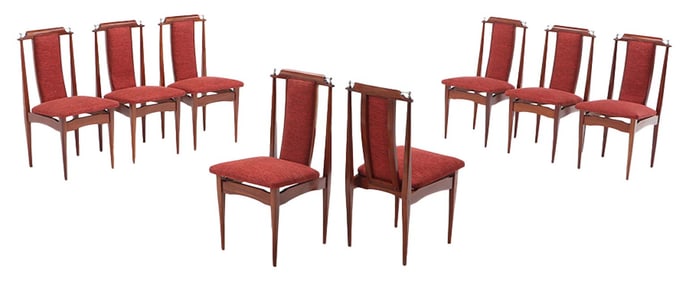 EIGHT MAHOGANY METAL MOUNTED DINING CHAIRS C 1960 HAVING NEW FABRIC.