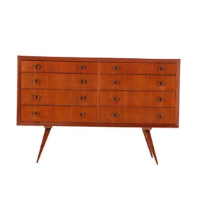 MAHOGANY EIGHT DRAWER DRESSER WITH ROUND BRASS HARDWARE C 1960.