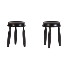 PAIR OF BRAZILIAN THREE LEG STOOLS WITH SHAPED LEGS, SKIRT AND SEAT.