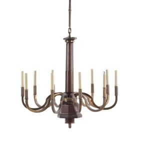 LARGE TEN ARM BRASS AND MAHOGANY CHANDELIER.