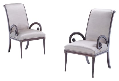 A PAIR OF CARVED WOOD CHAIRS HAVING ROLLED BACKS AND OPEN SCROLL FORM ARMS GROSFELD HOUSE