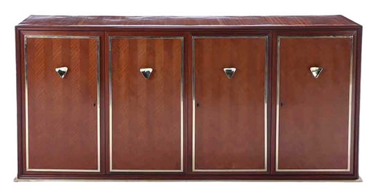 ITALIAN MAHOGANY SIDEBOARD WITH BRASS TRIM AND MIRRORED BAR COMPARTMENT C 1950.