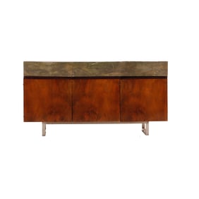 THREE DOOR WALNUT SIDEBOARD C 1960 HAVING THREE DRAWERS WRAPPED IN BRASS WITH NATURALISTIC MOTIFS