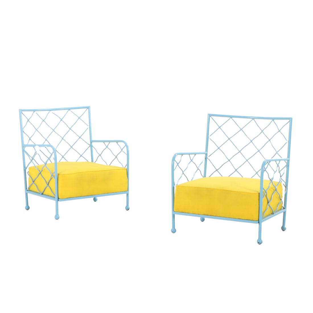 PAIR PAINTED IRON OVERSIZED ARM CHAIRS WITH LOOSE CUSHION SEATS IN THE MANNER OF JEAN ROYERE. (1 of 4)