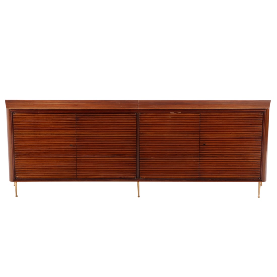 FIGURED WALNUT FOUR DOOR SIDEBOARD IN THE MANNER PAOLO BUFFA C 1950 HAVING RIBBED FACE BRONZE LEGS. (1 of 7)