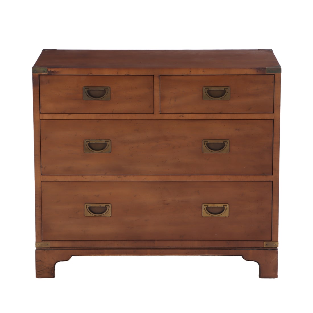 FOUR DRAWER CAMPAIGN STYLE DRESSER BY HENREDON.: Four drawer Campaign style dresser by Henredon. Ht: 28.75" Wd: 32.25" Dpth: 18.25"