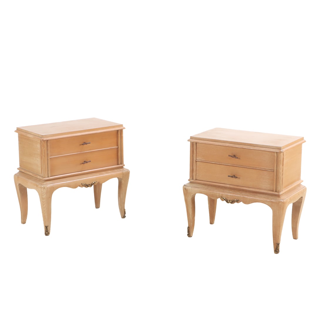 PAIR FRENCH CERUSED OAK NIGHT STANDS IN THE MANNER OF ANDRE ARBUS C 1950.: Pair French cerused oak night stands in the manner of Andre Arbus C 1950. Ht: 22.5" Wd: 23.75" Dpth: 14"